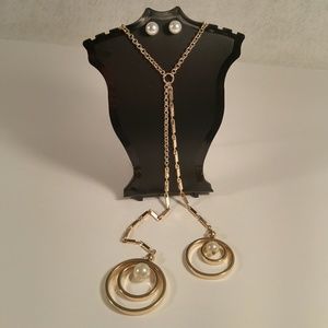 Necklace earring set gold Y-line dual pearl rings
